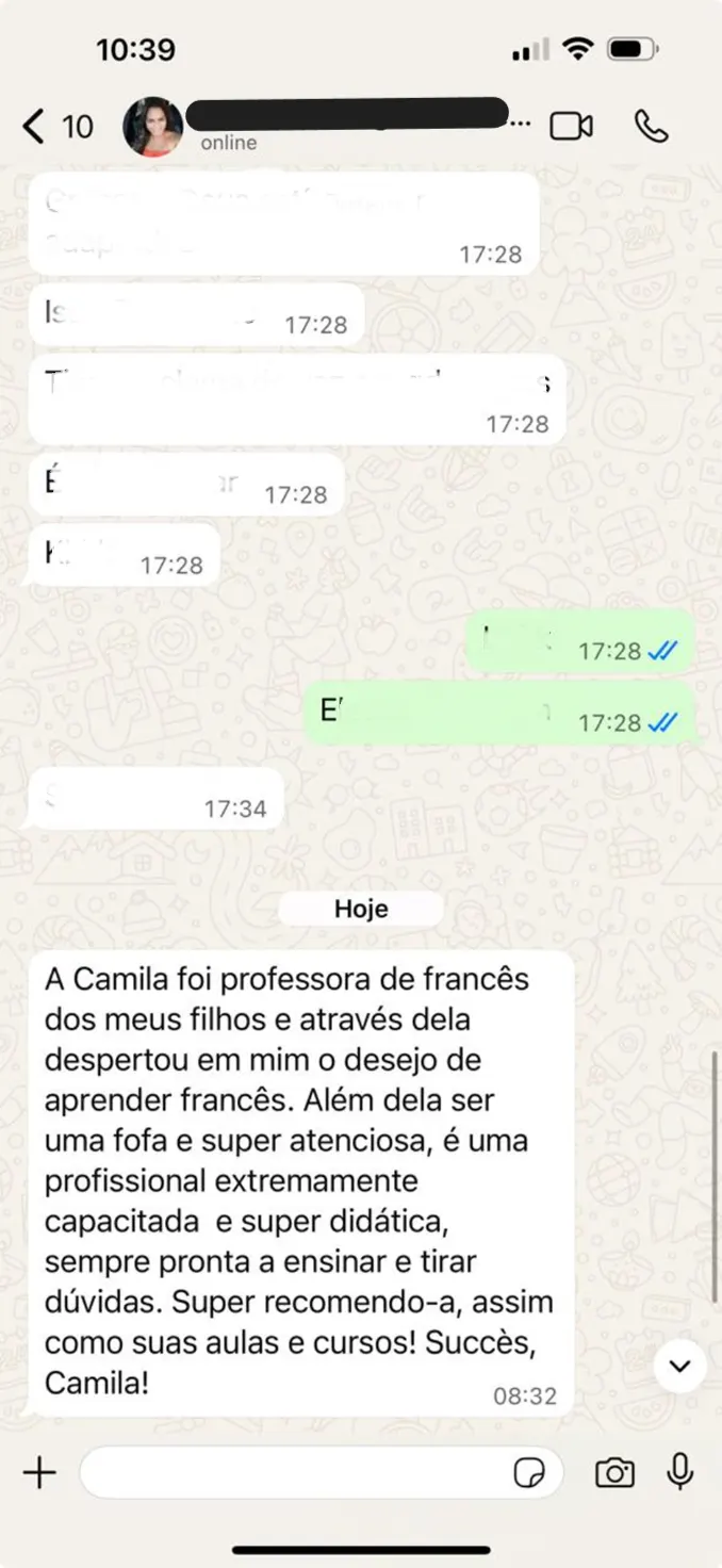 Mensagem de mãe que teve filhos como alunos da Prof. Camila e foi inspirada por ela a estudar francês.